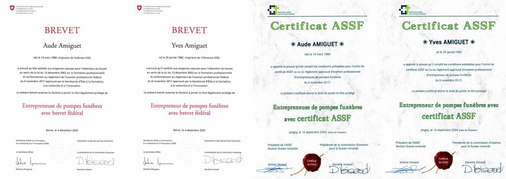 Brevets fédéraux et certificats pour Amiguet Pompes Funèbres
